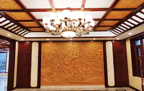 包河中式别墅客厅中式木作横梁吊顶装饰展示